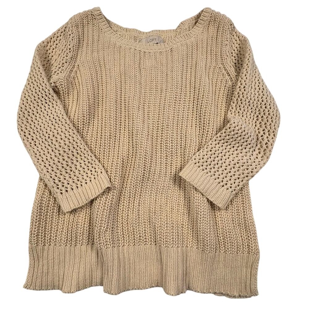 LOFT Textured Knit Open Weave Sweater Women's M Ecru Coastal Nautical